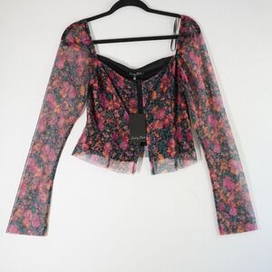 Emory Park‎ Floral Mesh Corset Top Long Sleeve Sweetheart Neckline Size M